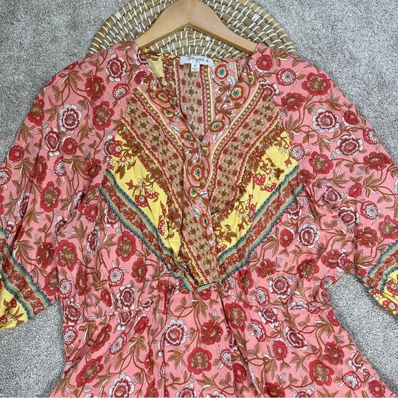 Umgee Floral Border Print Layered Mini Dress Boho Gypsy Rose Pink Plus Size 1X - Picture 5 of 15
